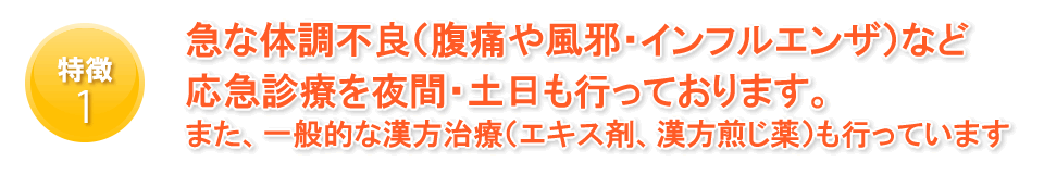 特徴１：急な体調不良（腹痛・風邪・インフルエンザ）など内科的な応急診療を夜間・土日行っています。